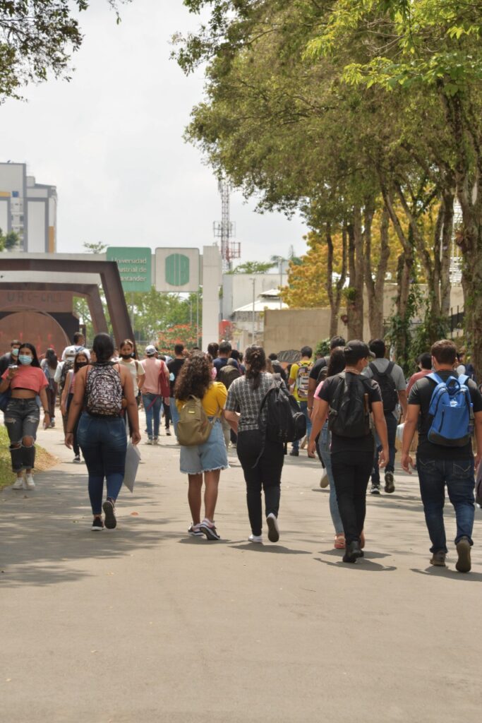 Numerosos estudiantes circulan por el sendero peatonal principal de ingreso al campus central