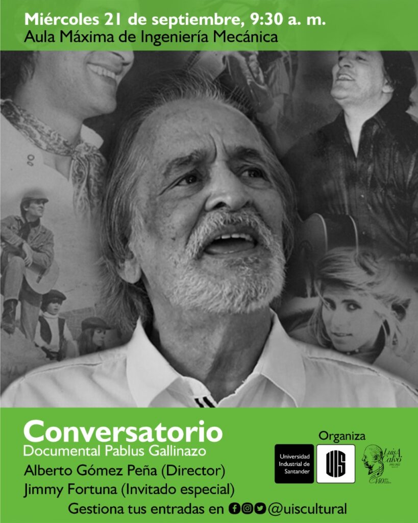 En la imagen se encuentra información de fecha y hora del conversatorio dedicado al documental Pablus Gallinazo.