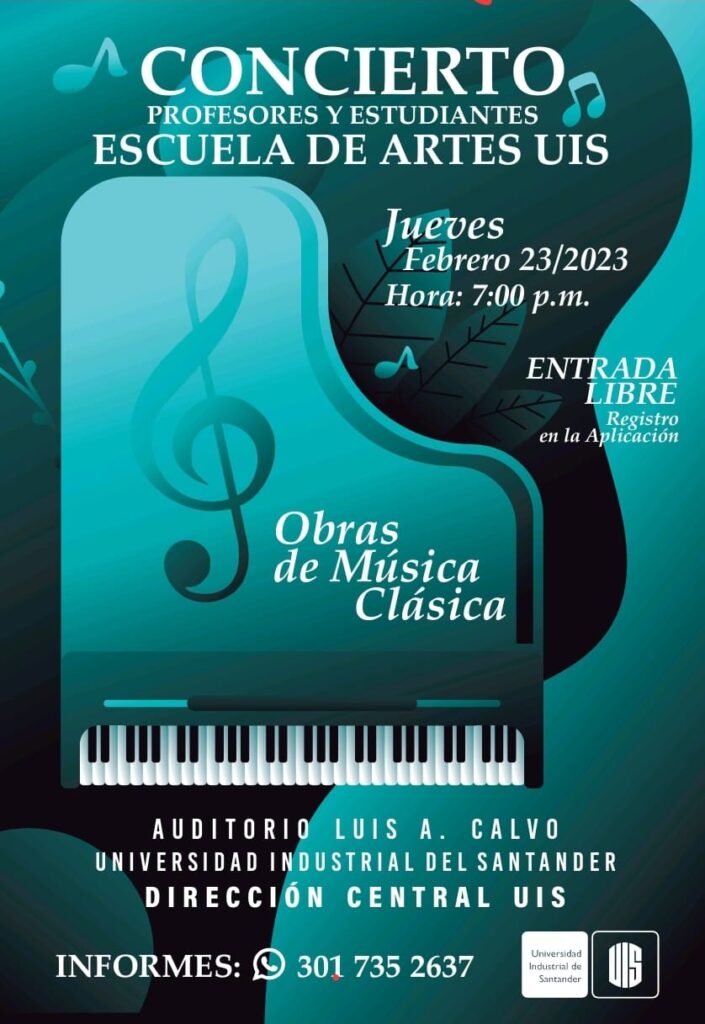 Banner del concierto de música clásica liderado por estudiantes y profesores de la Escuela de Artes UIS.