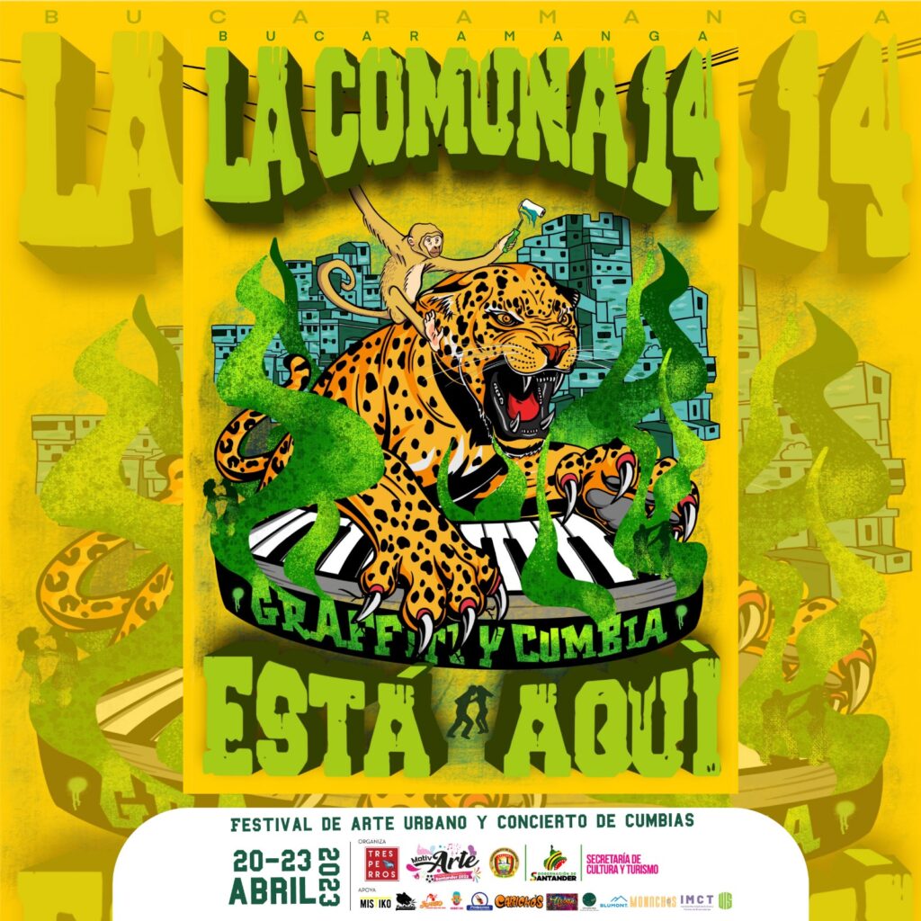 Afiche y banner del Primer Festival de Graffiti y Cumbia: 'La Comuna 14 está aquí'.