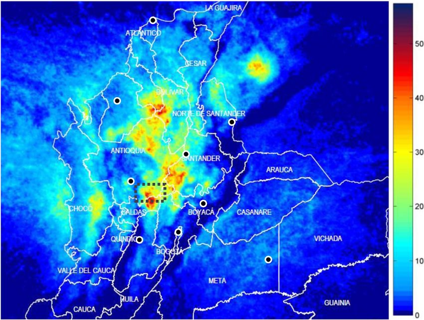 Mapa de la actividad de rayo en Colombia. 