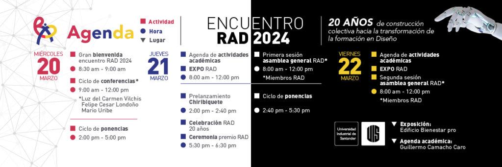 Pieza gráfica de la agenda del Encuentro de la Asociación Colombiana Red Académica de Diseño (RAD) 2024.
