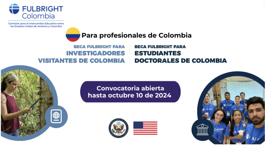 Pieza gráfica de la Beca Fulbright para Estudiantes Doctorales de Colombia.