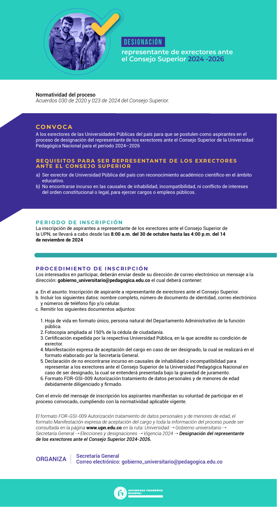 Pieza gráfica de la convocatoria proceso de designación representante de exrectores ante el Consejo Superior UPN 2024-2026