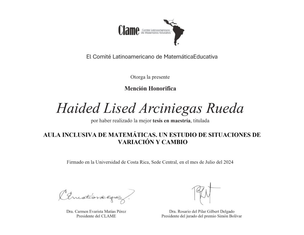 Mención de Honor otorgada a Haided Lised por el Comité Latinoamericano de Matemática Educativa