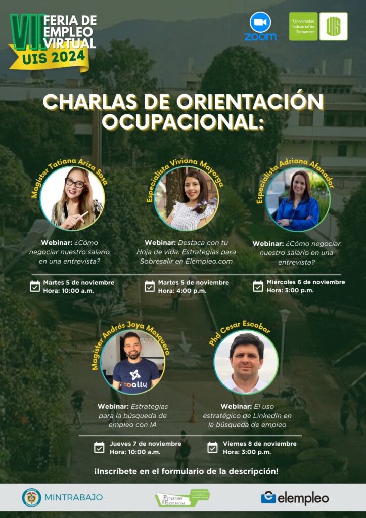 Pieza gráfica invitados charlas orientación ocupacional VII Feria de empleo virtual 