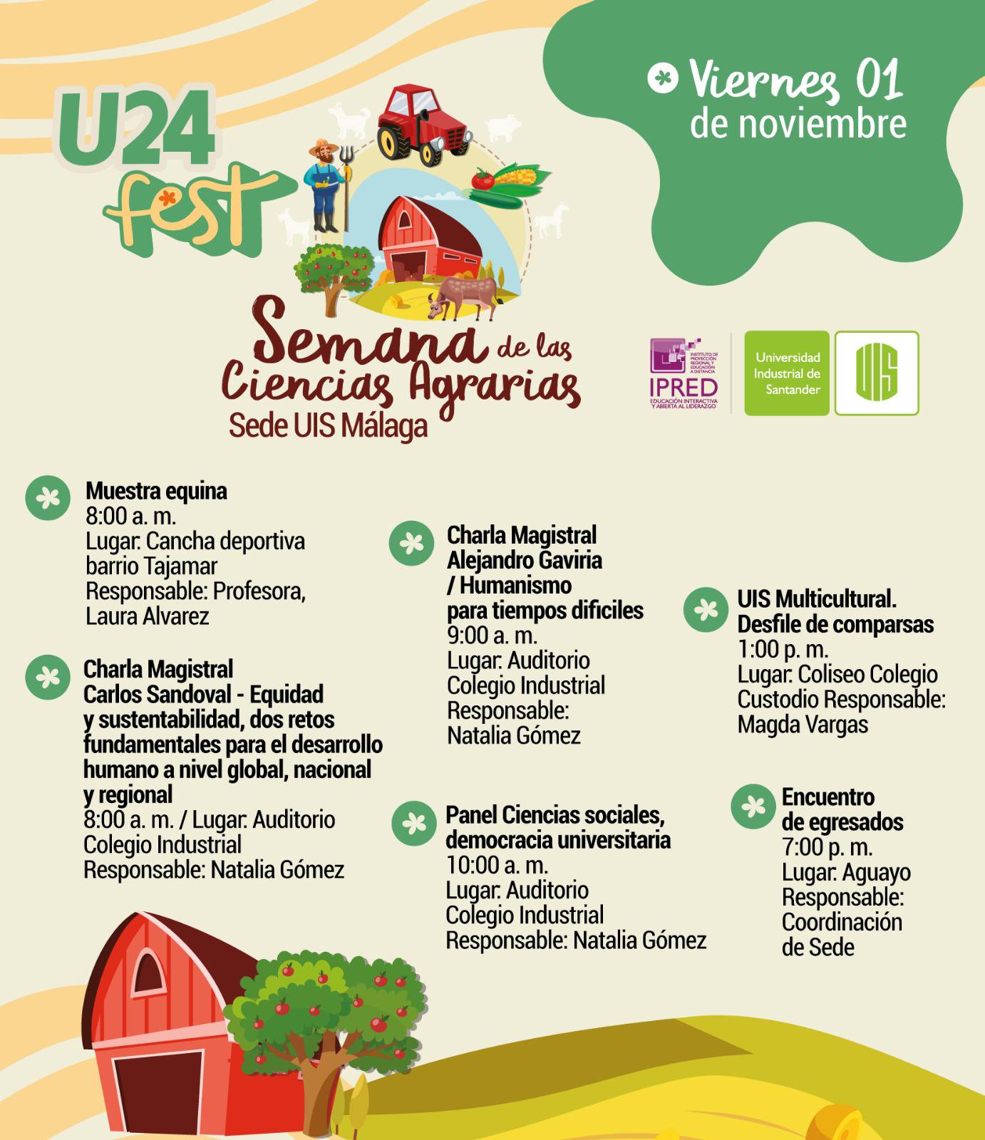 Pieza gráfica de la agenda general programada en el marco de la Semana de las Ciencias Agrarias y U24Fest.