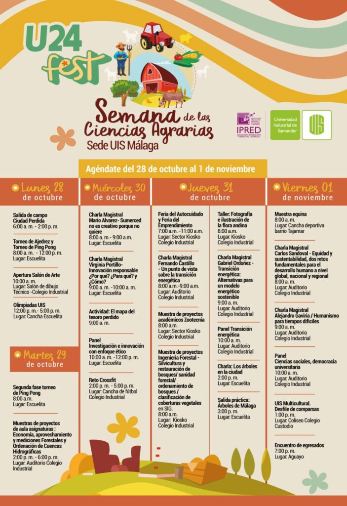 Pieza gráfica de las actividades para el lunes 28 de octubre en la Semana de las Ciencias Agrarias y el U24Fest