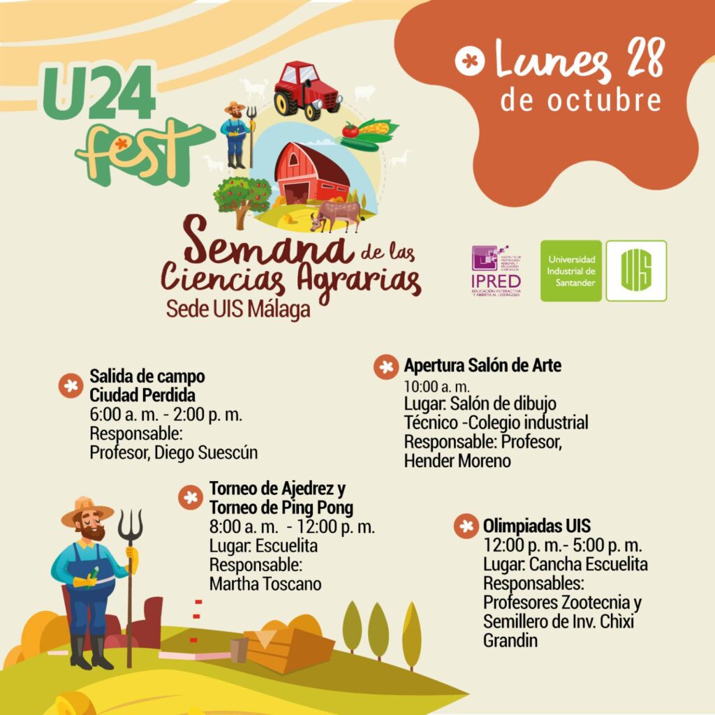 Pieza gráfica de las actividades para el martes 29 de octubre en la Semana de las Ciencias Agrarias y el U24Fest