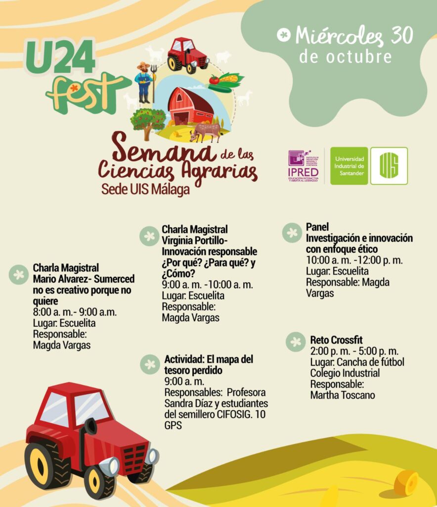 Pieza gráfica de las actividades para el jueves 31 de octubre en la Semana de las Ciencias Agrarias y el U24Fest