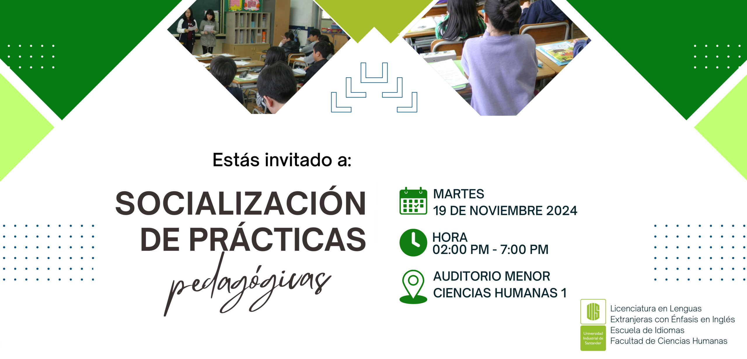 Línea gráfica de invitación a la socialización prácticas pedagógicas Licenciatura.