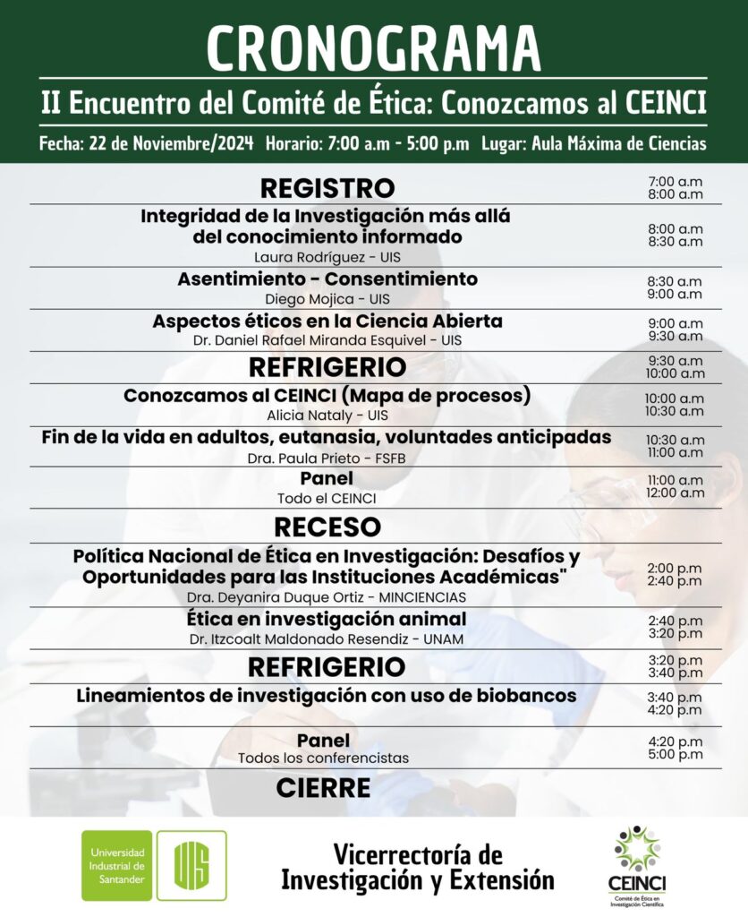 Imagen de la programación del Encuentro del Comité de Ética en Investigación Científica (CEINCI), que se desarrollará el 22 de noviembre. 
