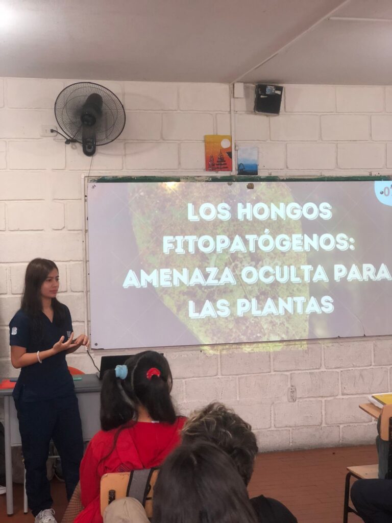 Estudiante UIS del semillero Funga capacitando a escolares