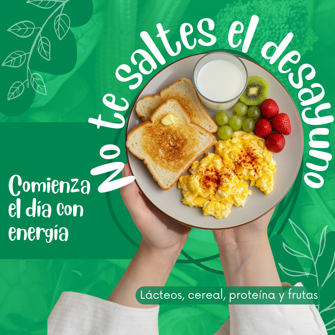 Pieza gráfica que contiene el ejemplo de un desayuno nutritivo y balanceado.