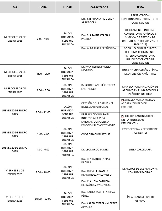 Agenda de la inducción al Consultorio Jurídico