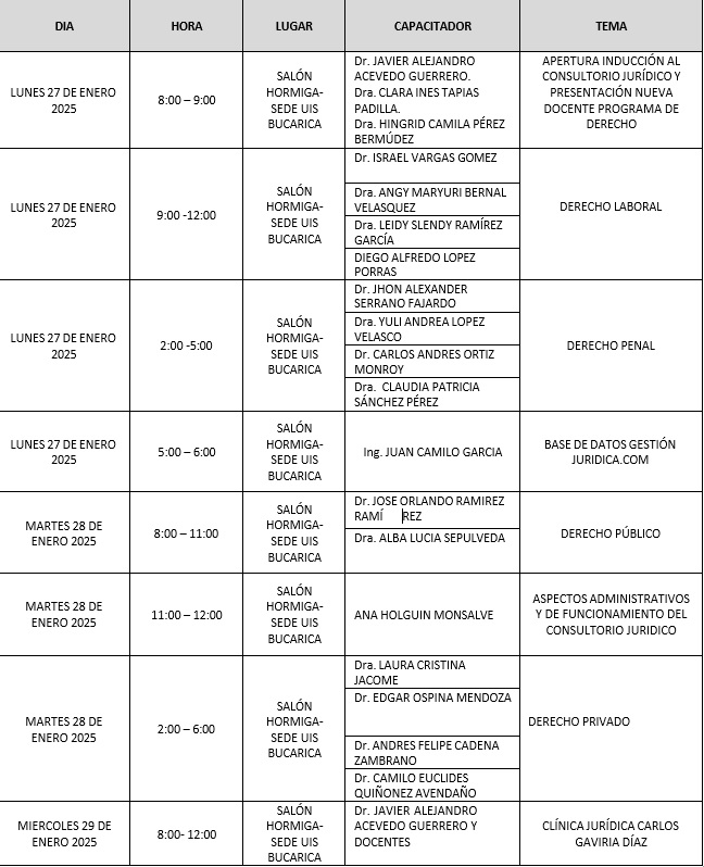 Agenda de la inducción al Consultorio Jurídico