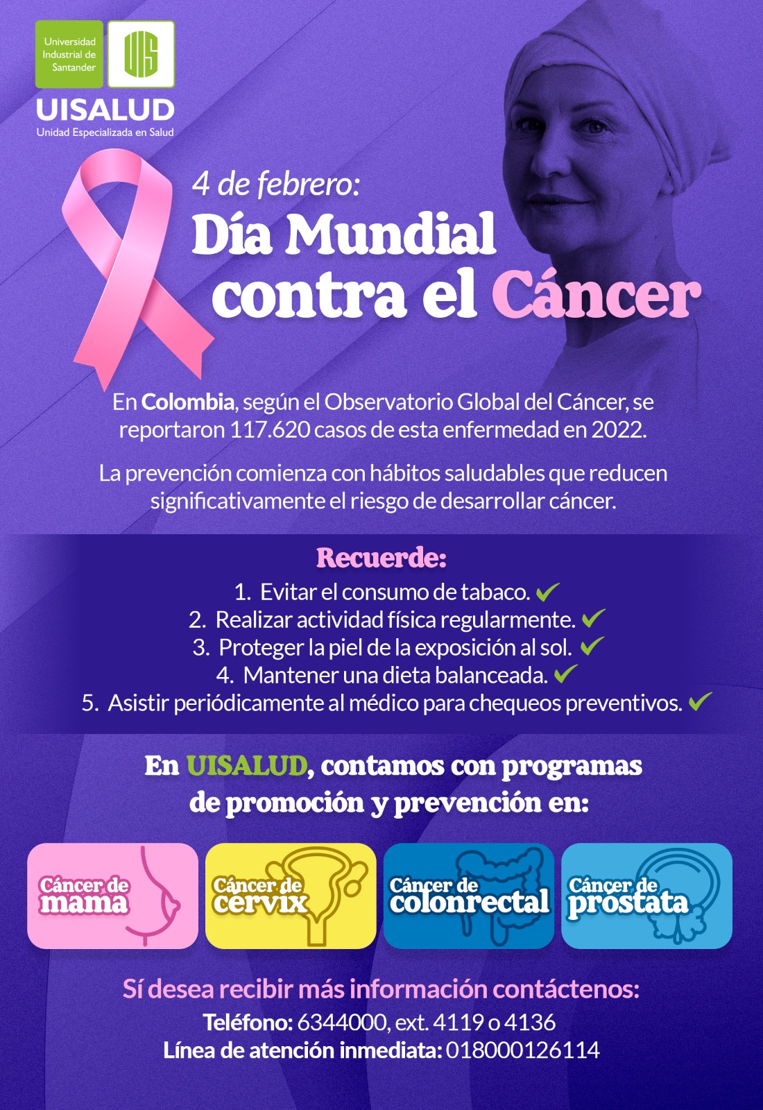 Pieza gráfica con la descripción de los principales hábitos a adoptar para evitar el cáncer y algunas cifras reportadas en Colombia para el año 2022.