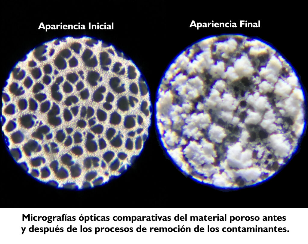 Micrografías ópticas comparativas del material poroso antes y después de los procesos de remoción de los contaminantes