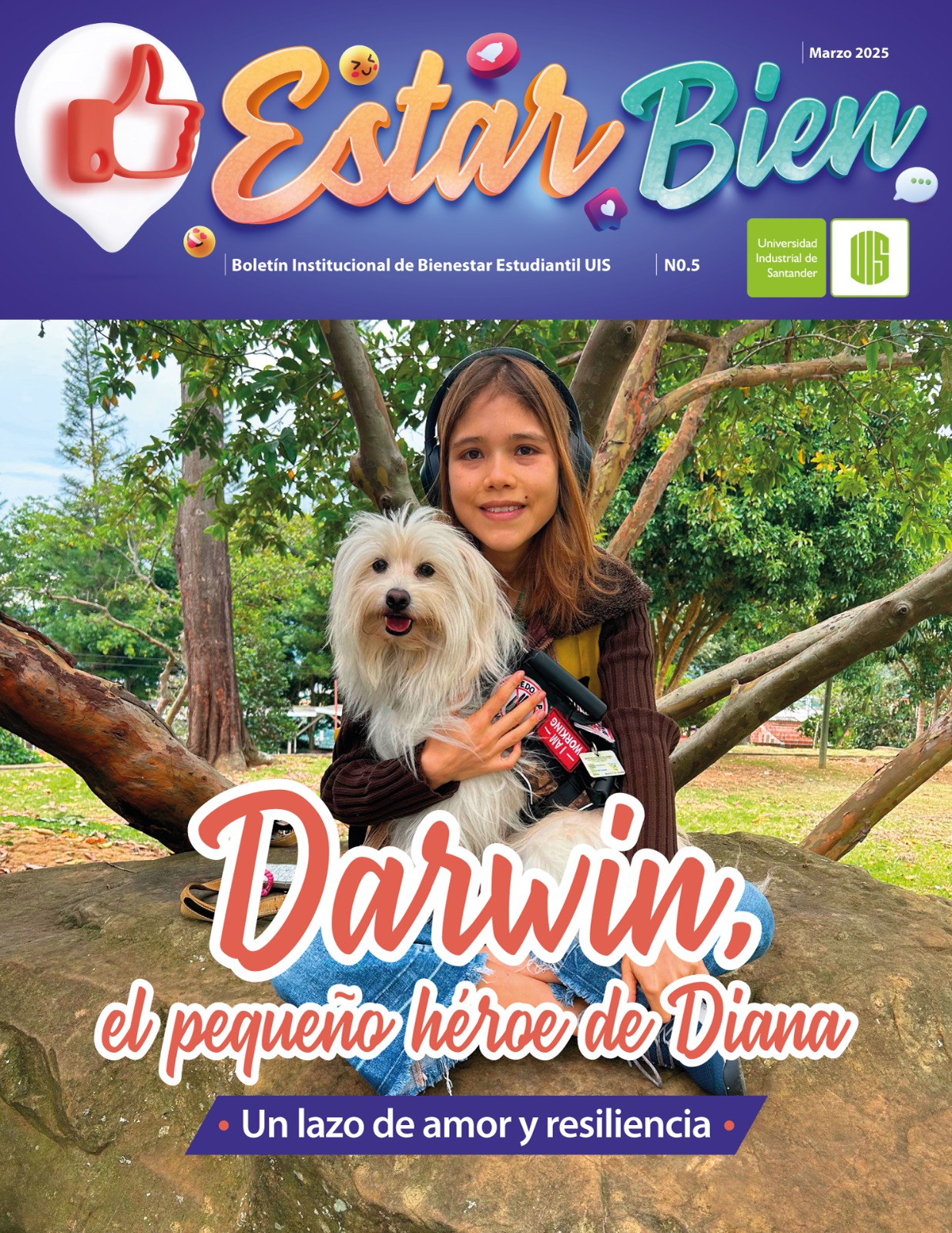 Cover of the newsletter “Estar Bien”, issue number 5, with a photograph of Diana Torres, protagonist of the main article, with her dog Darwin.