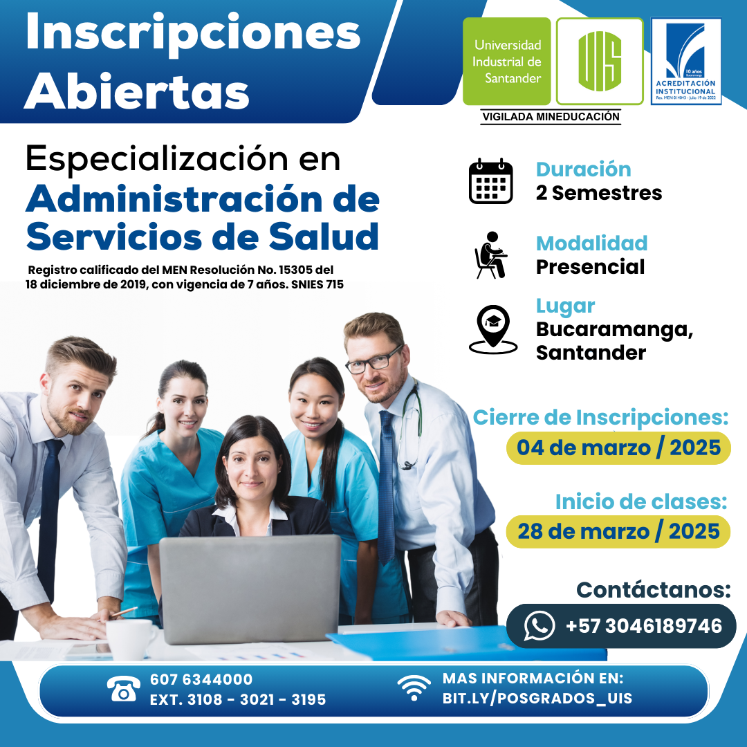 Flyer de invitación a la especialización en Administración de Servicios de Salud