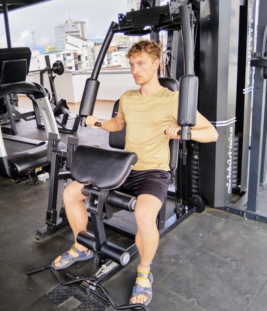 German-born student and volunteer, Levin Seidinger, working out in the residence hall gym.