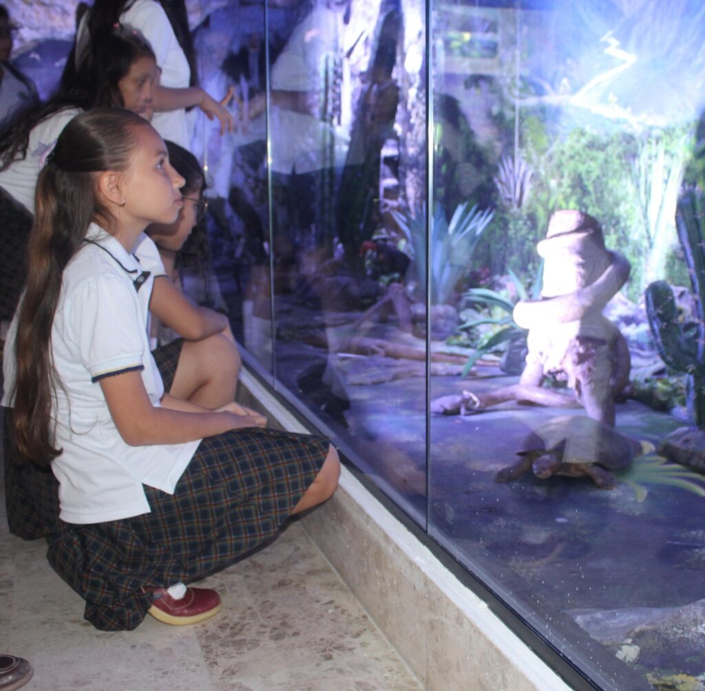 Estudiantes de colegio apreciando animales exhibidos en el Museo