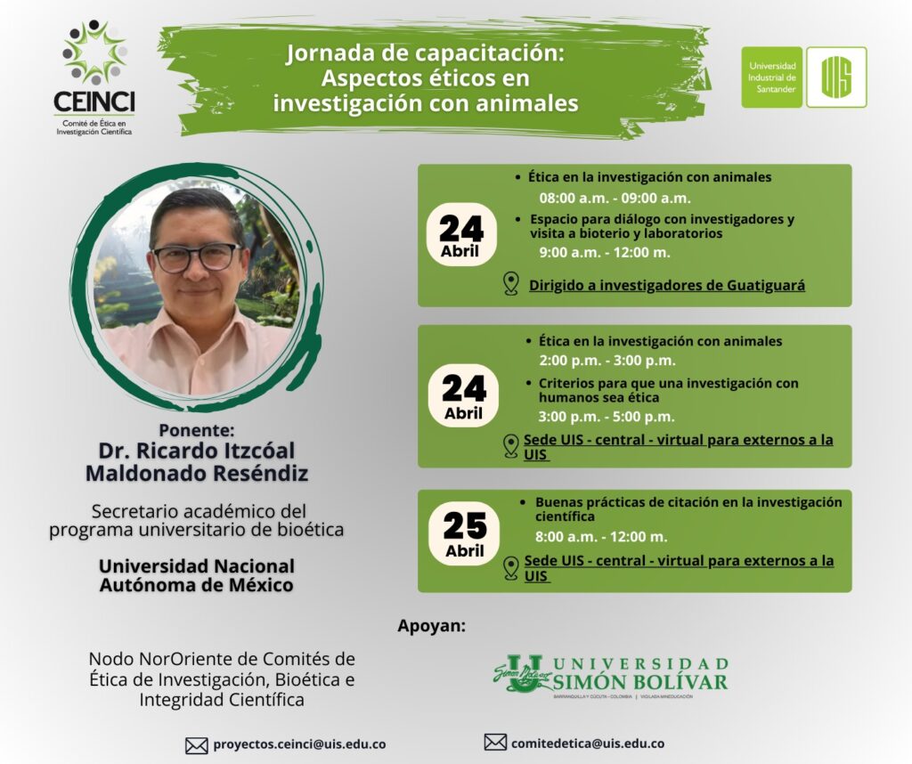 Invitación capacitación Aspectos éticos en investigación con animales, incluye datos del evento.