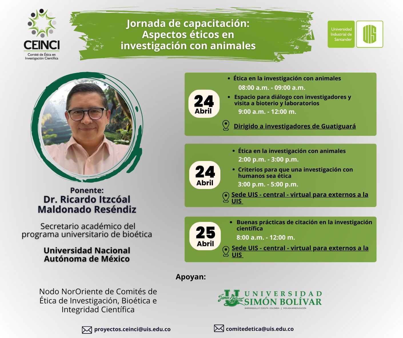 Invitación capacitación Aspectos éticos en investigación con animales, incluye datos del evento.