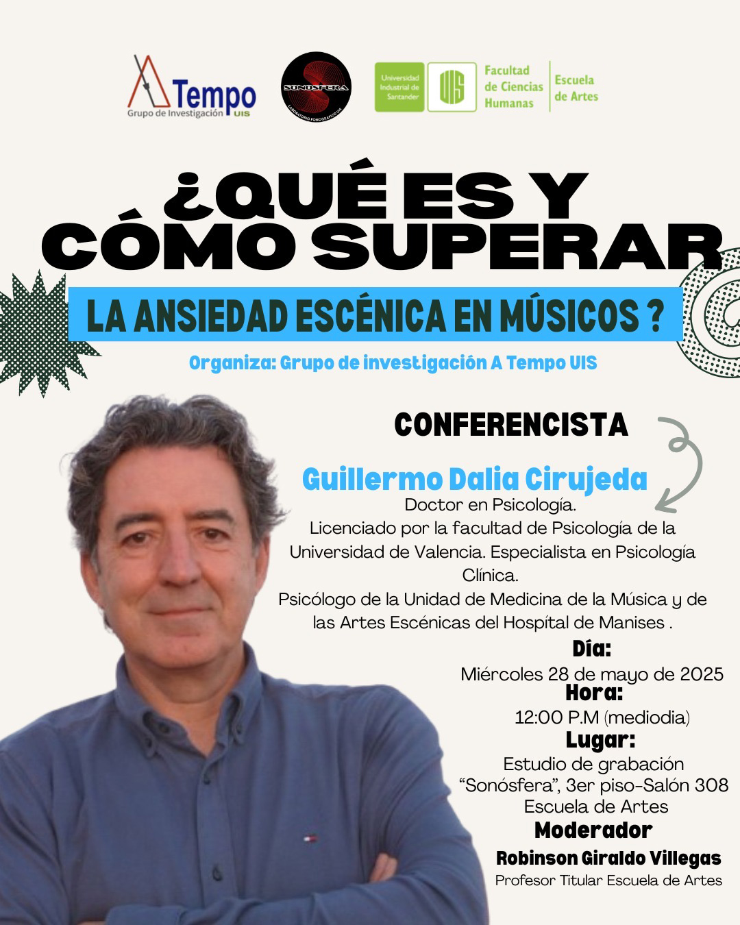 Línea gráfica conferencia de la ansiedad en los músicos UIS 2025.