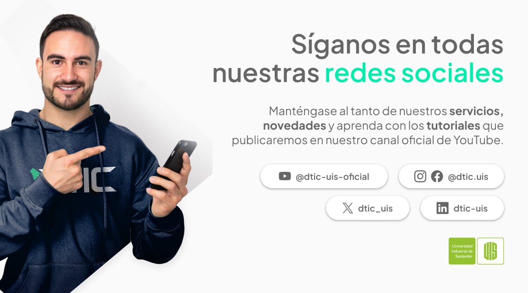 Pieza gráfica con las redes sociales de DTIC.