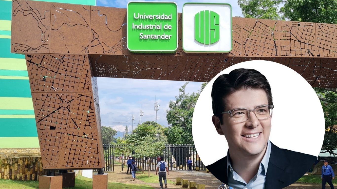 Fachada de la portería en la carrera 30 con imagen de Miguel Uribe Turbay