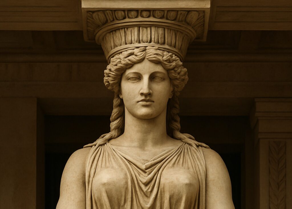 Escultura clásica de figura femenina con rostro sereno, cabello rizado en una columna tallada, estilo griego.
