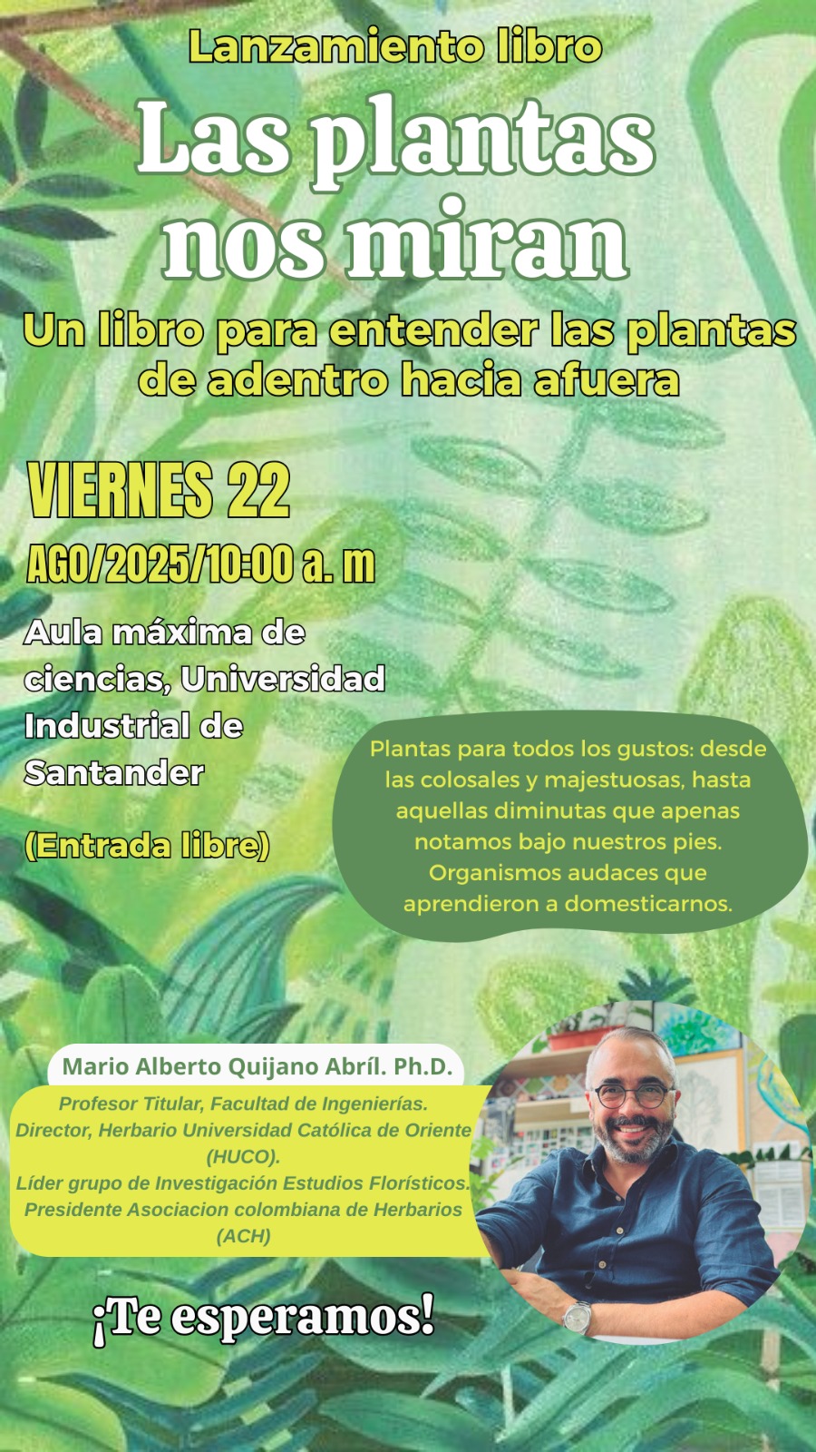 Pieza gráfica de información y promoción del lanzamiento del libro Las plantas nos miran.