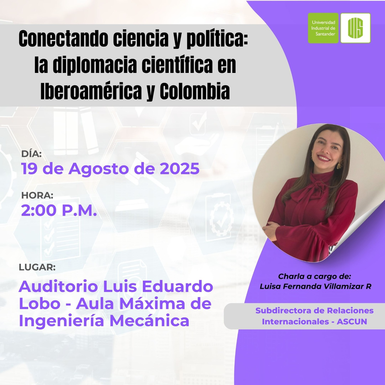Imagen con información de la charla dirigida por Luisa Fernanda Villamizar