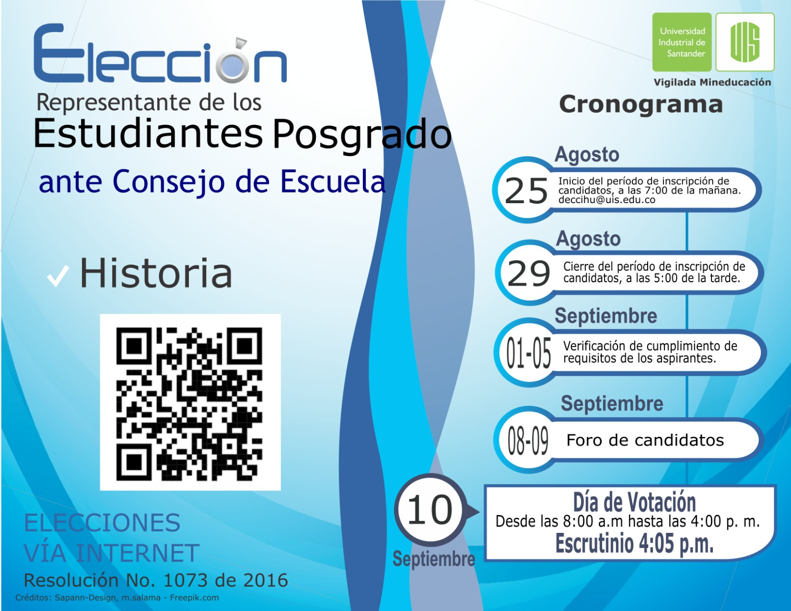 Flyer para la elección del Representante de los Estudiantes Posgrados ante el Consejo de Escuela de Historia.