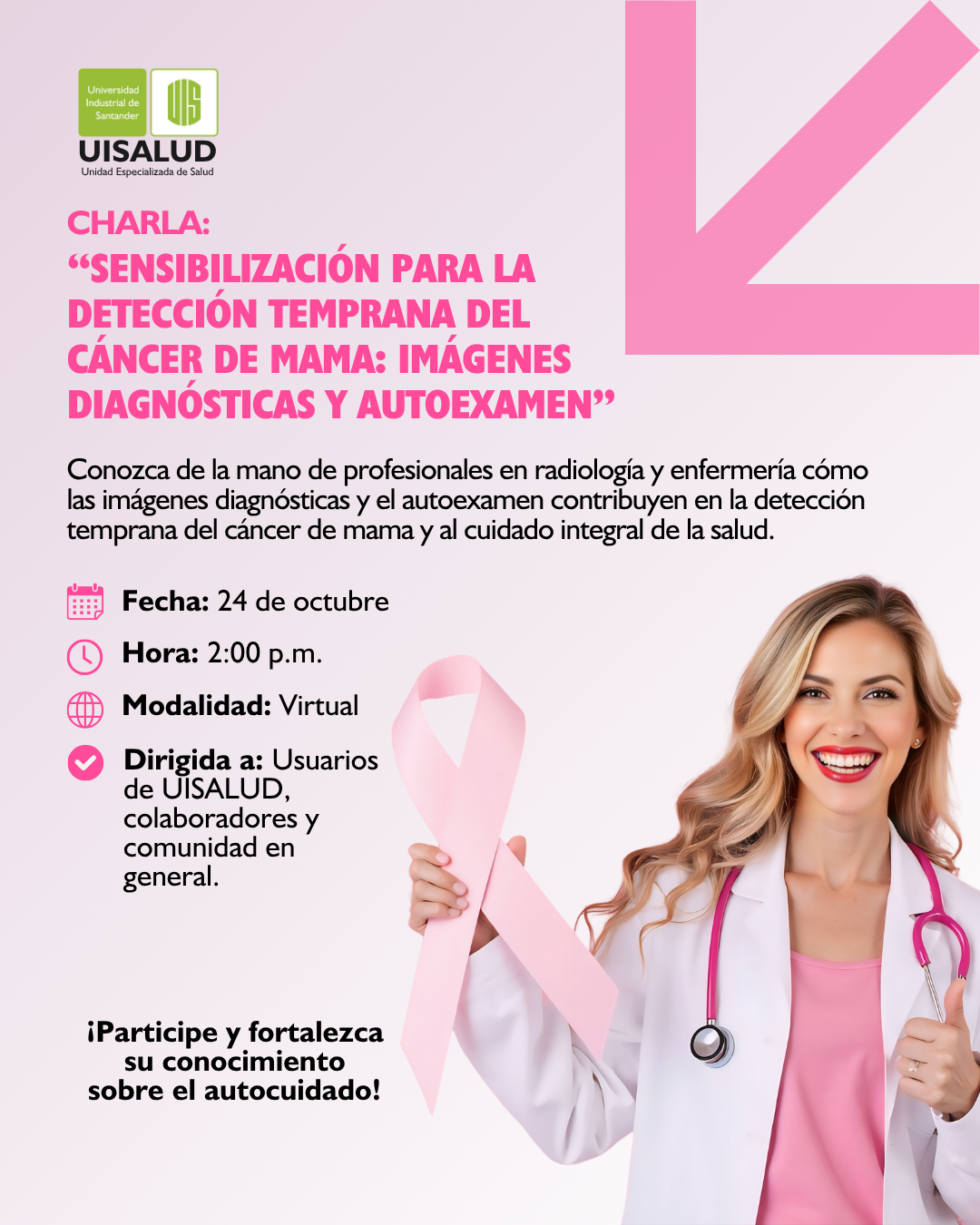 Flyer de invitación a charla del Cáncer de mama