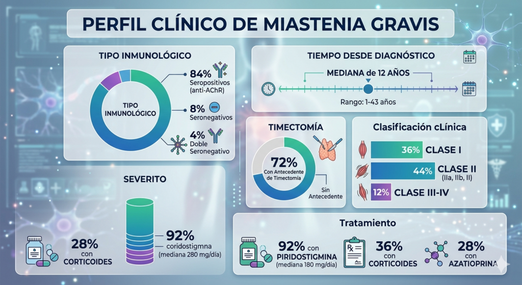 Gráfica con explicación del perfil clínico de la miastenia gravis