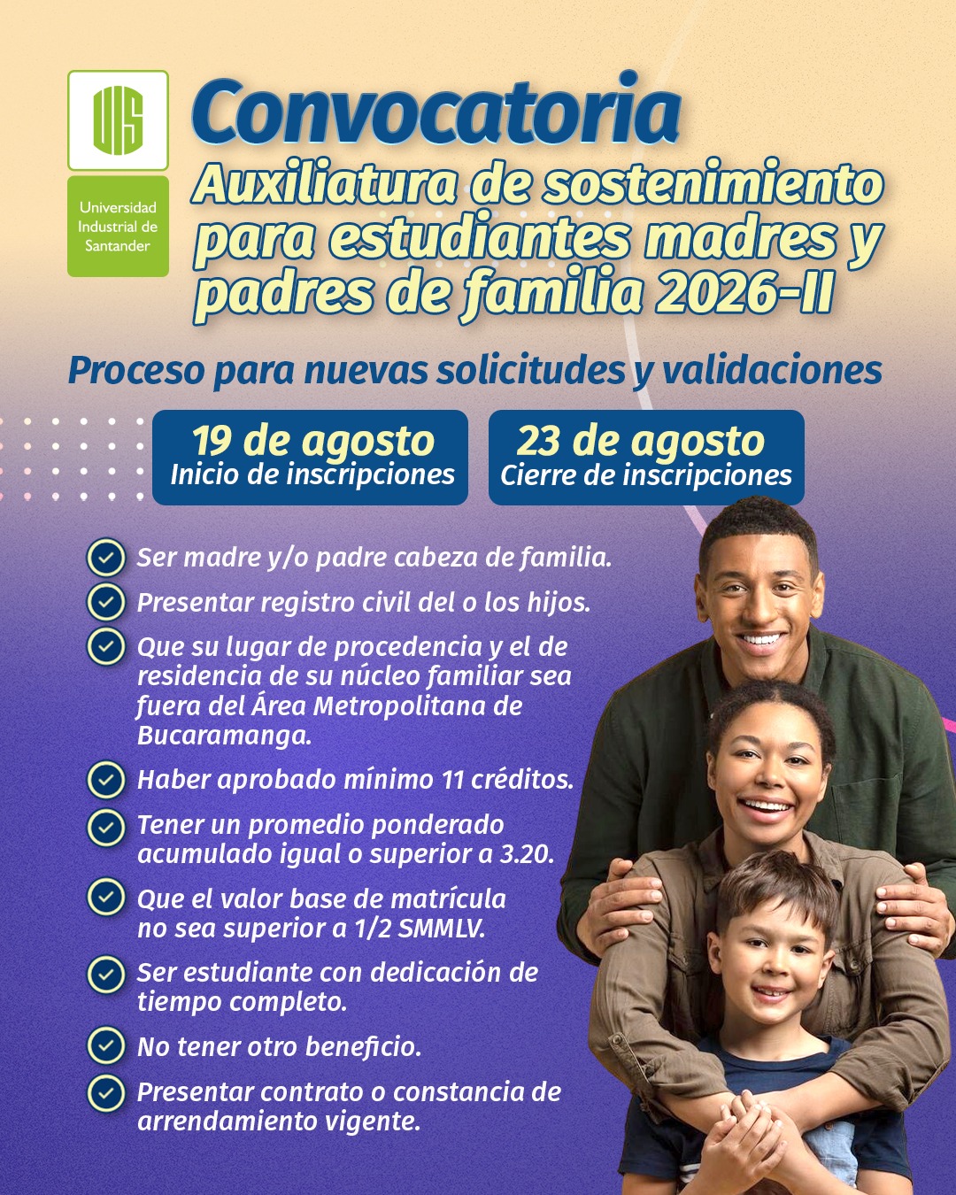 Convocatoria de sostenimiento para estudiantes madres y padres cabeza de familia 2026-II
