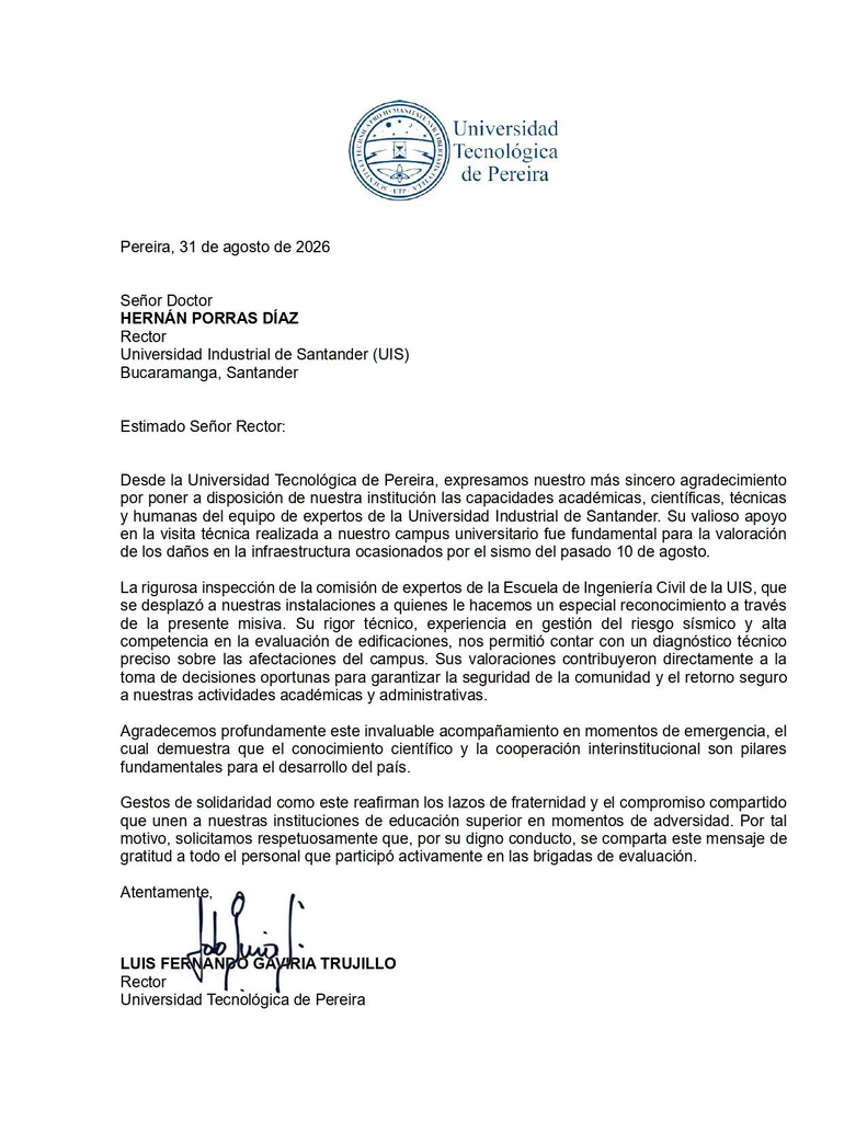 Imagen de la carta de la Universidad Tecnológica de Pereira al rector de la UIS