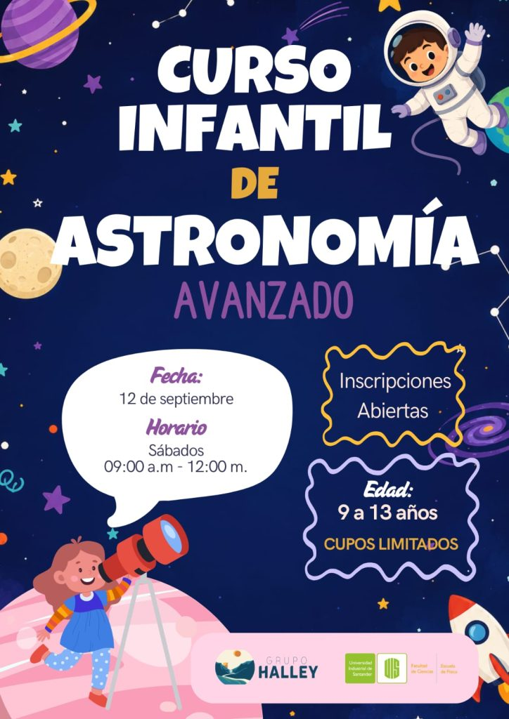 Publicidad del curso infantil de astronomía avanzado.